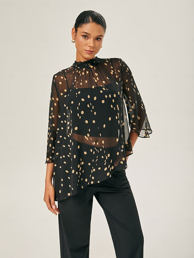 Black-Yellow Dot Asymmetric Chiffon Blouse