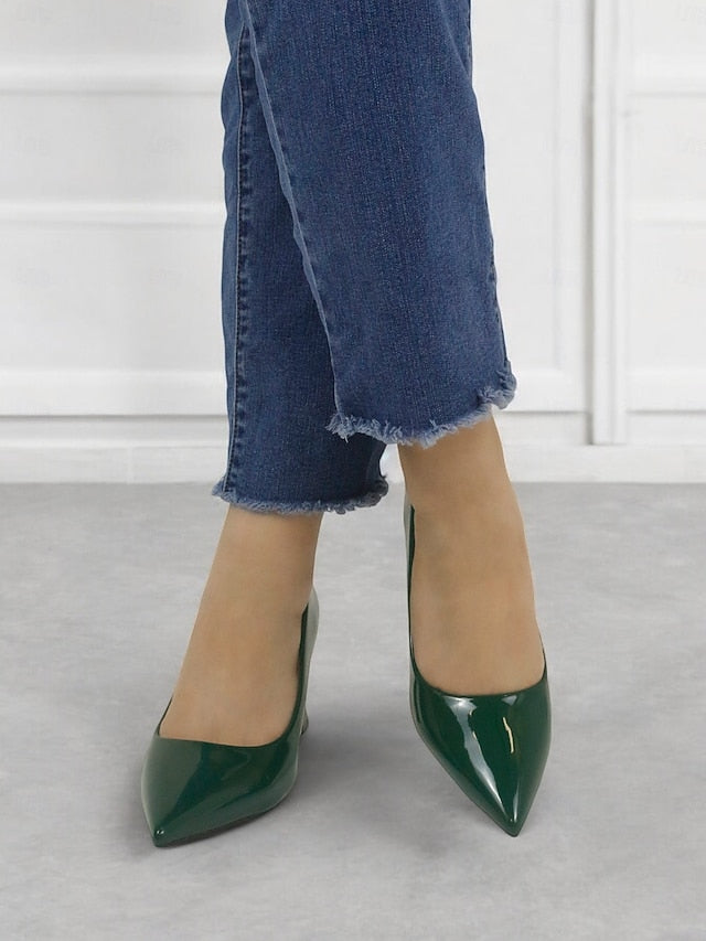 Green Leather Glossy Pumps Patent Heel Faux Block Pointed-Toe