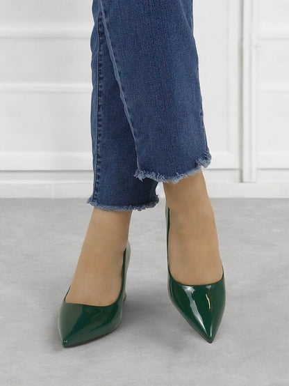 Green Leather Glossy Pumps Patent Heel Faux Block Pointed-Toe