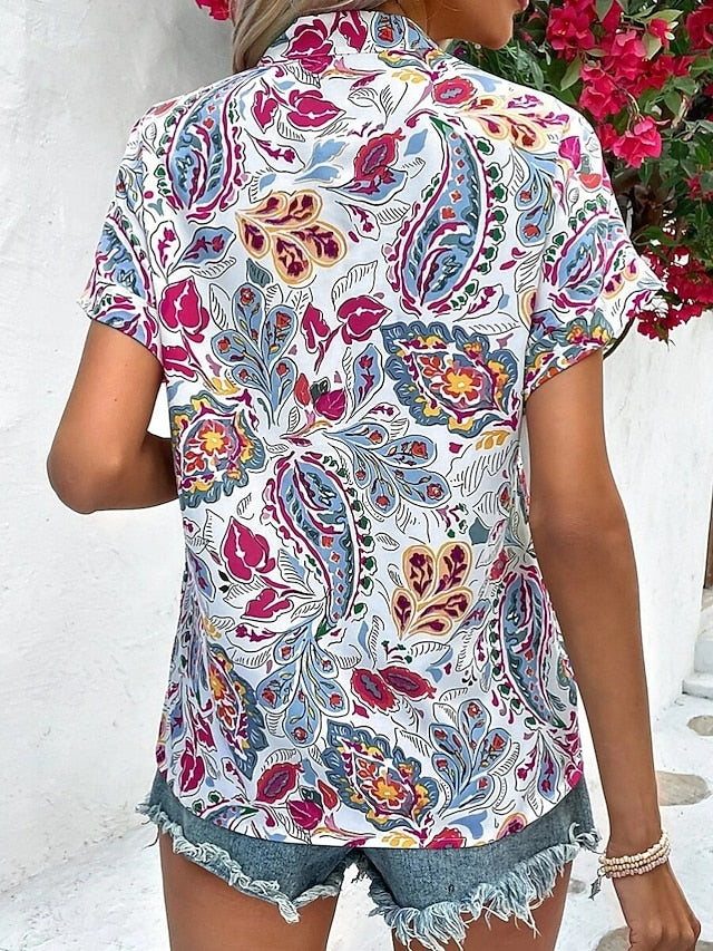 Women's Blouse Print Floral Stylish Casual Short Sleeve V
