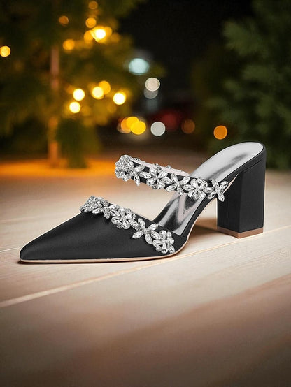 Black Satin Women's Rhinestone Mules Floral with Block Heel